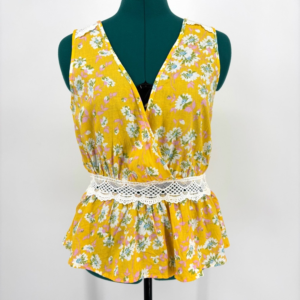 Rachel Zoe NWT Yellow Floral Print Open Back Sleeveless Linen Blend Top, Medium